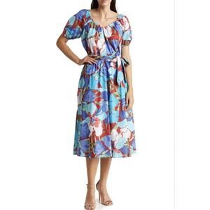 MAGGY LONDON  V-Neck Tie Waist Midi Dress - Soft Navy Blue $168 Size 14 (New)